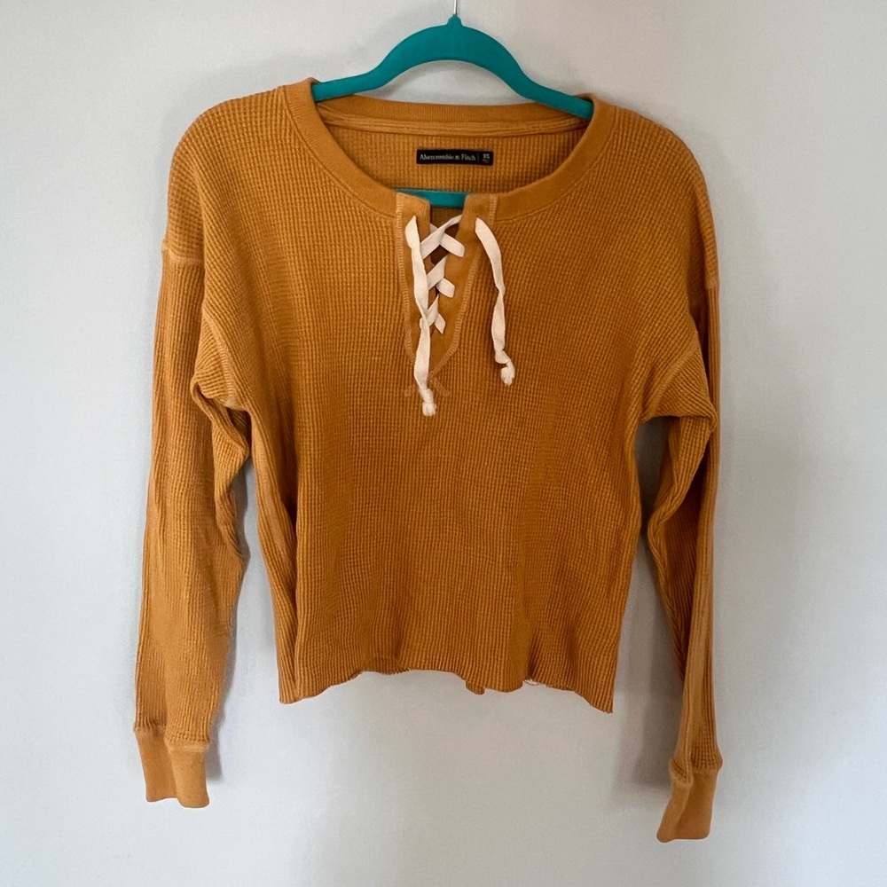 Abercrombie & Fitch Mustard Lace-Up Waffle Long Sleeve Top